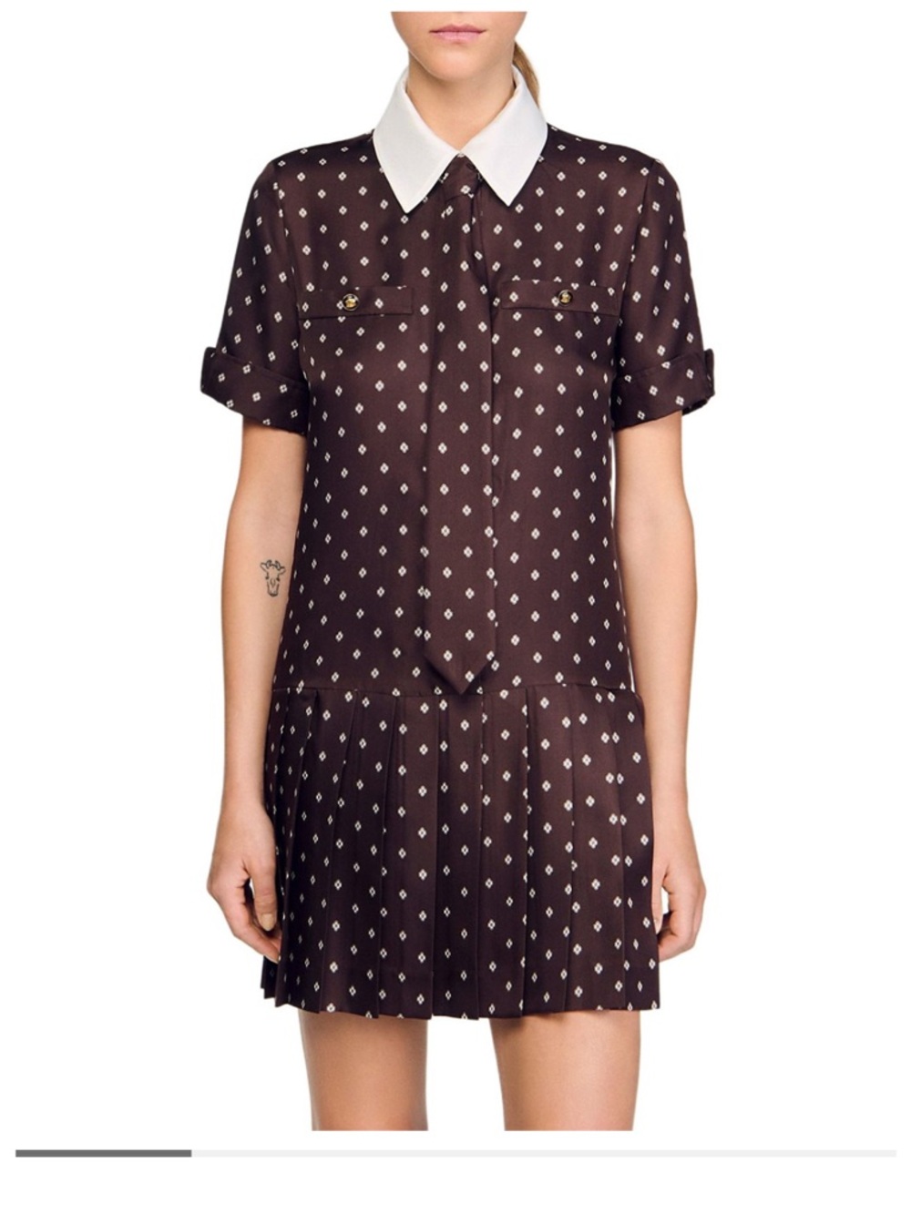 Sandro Brown Patterned Short Sleeve Dress with White Pointed Collar